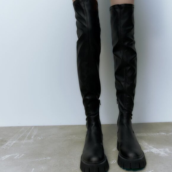 LIKE NEW Black Zara thigh high over the knee lug sole boots BLOGGER FAV - Picture 2 of 8